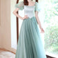 Green satin tulle long prom dress green evening dress  10618