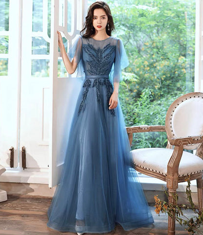 Blaues langes Ballkleid aus Tüllspitze blaues Abendkleid 10286