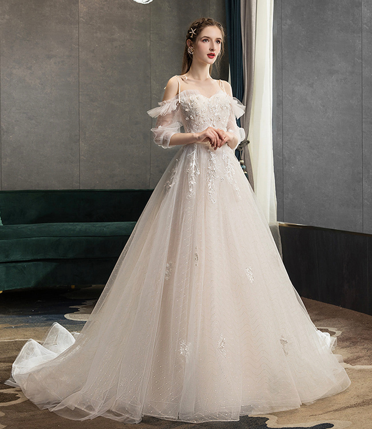 Robe de soirée longue en tulle et dentelle mignonne Robe de soirée trapèze 10573