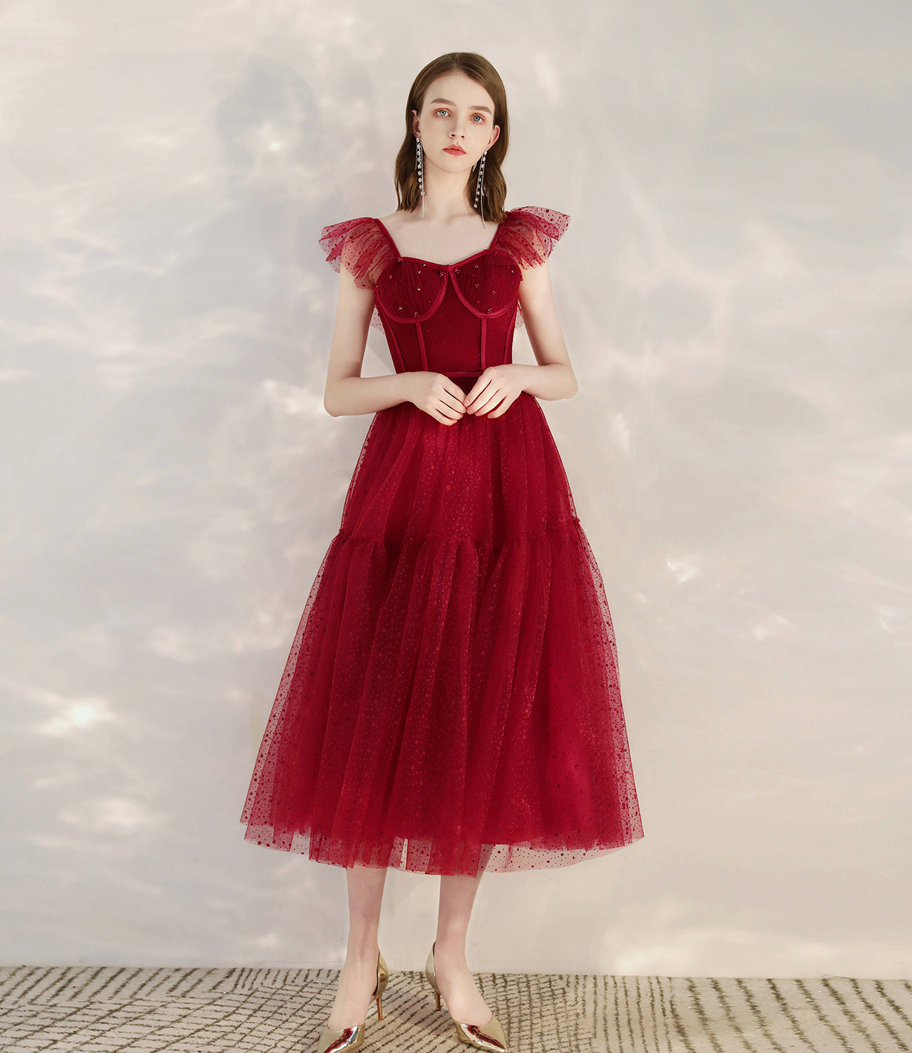 Robe de cocktail courte en tulle rouge avec ligne A 10399