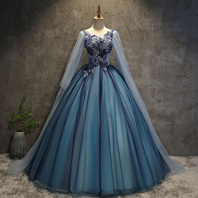 Robe longue de soirée en tulle bleu et dentelle 10091