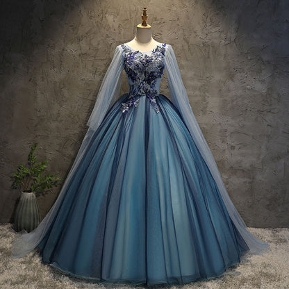 Robe longue de soirée en tulle bleu et dentelle 10091
