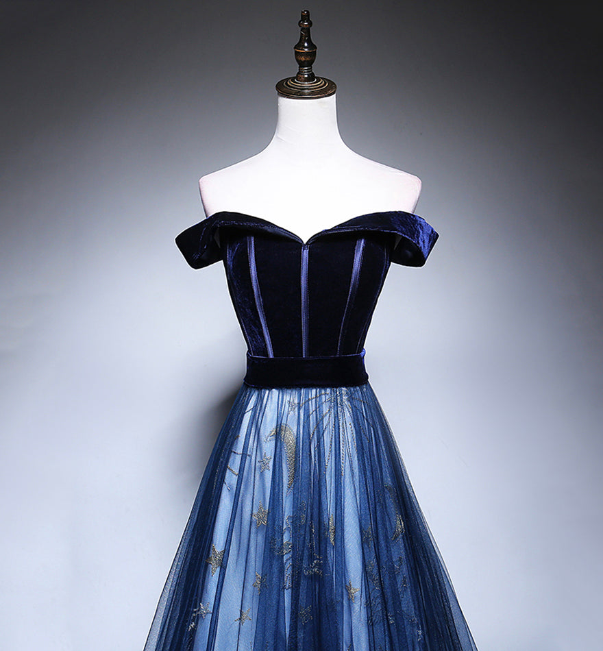 Blue velvet tulle long prom dress evening dress  8449