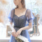 Blue tulle long A line prom dress blue evening dress  8658