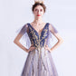 Purple tulle sequins long prom dress A line evening dress  10510
