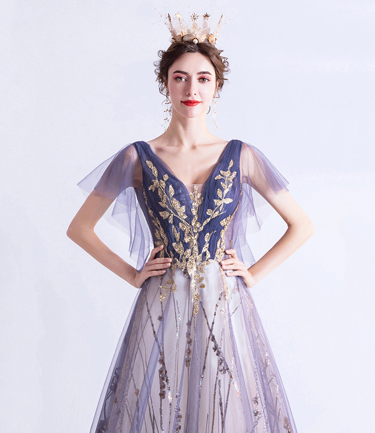 Purple tulle sequins long prom dress A line evening dress  10510