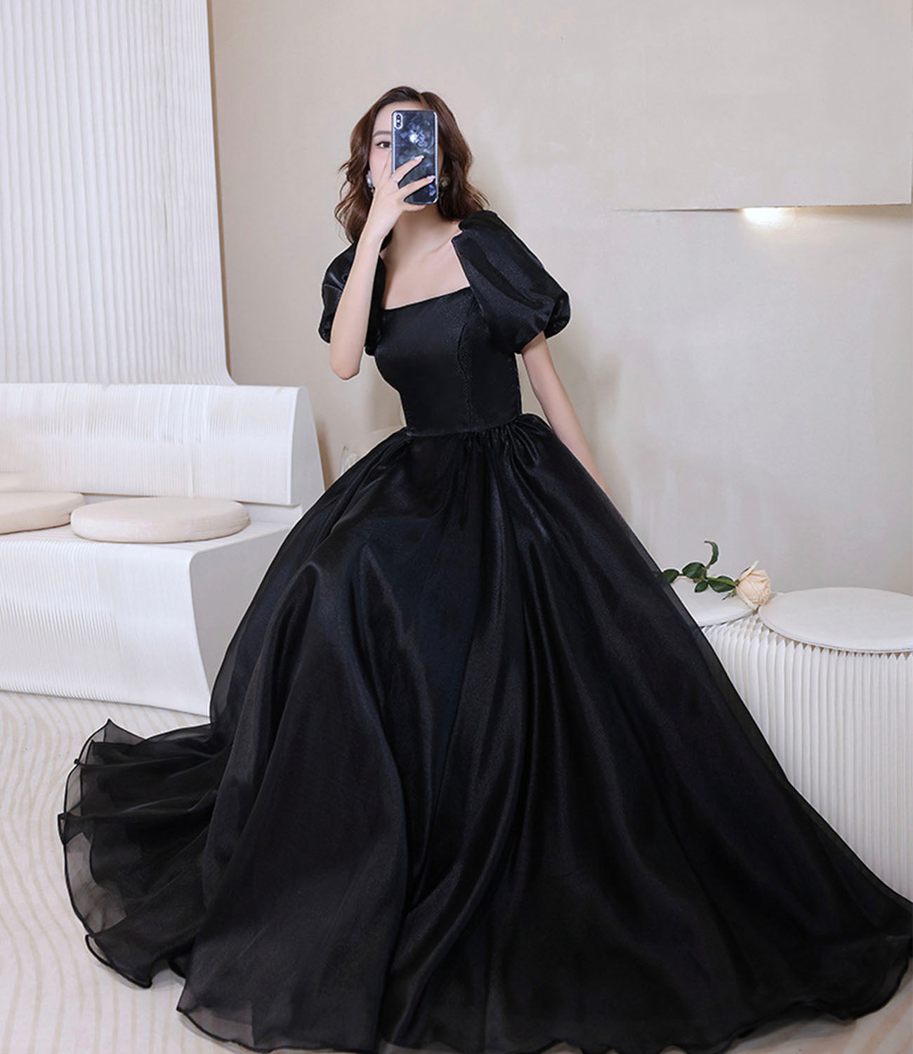 Robe de soirée longue en tulle noir Robe de soirée trapèze 10207