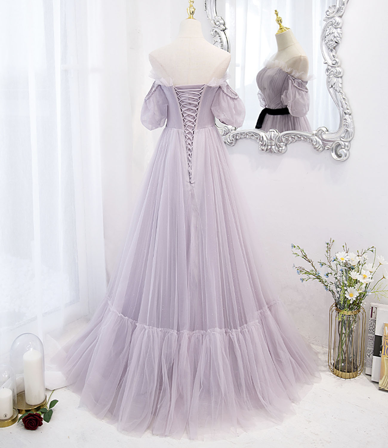 Purple tulle long prom dress A line evening dress  10446