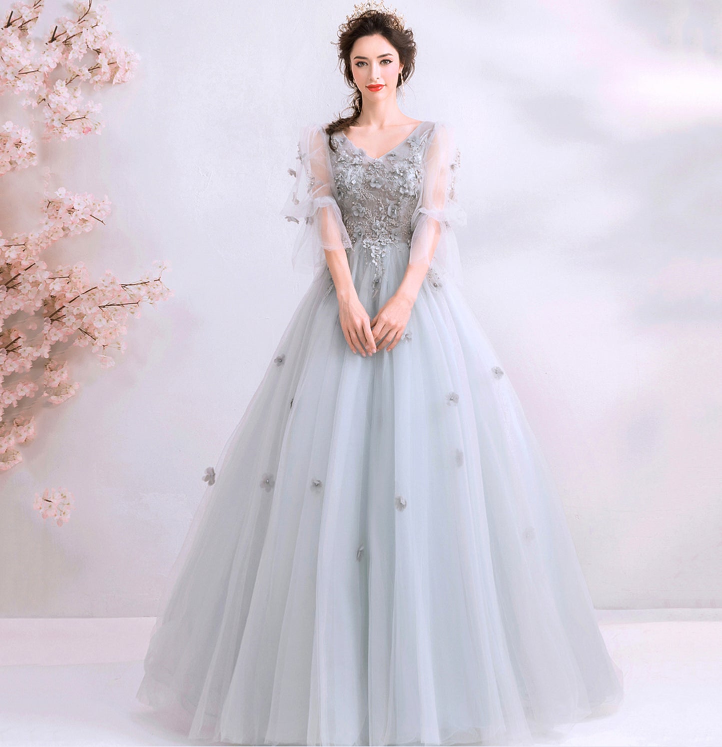 Gray tulle applique long prom dress evening gown  10100