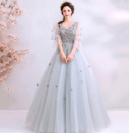 Gray tulle applique long prom dress evening gown  10100