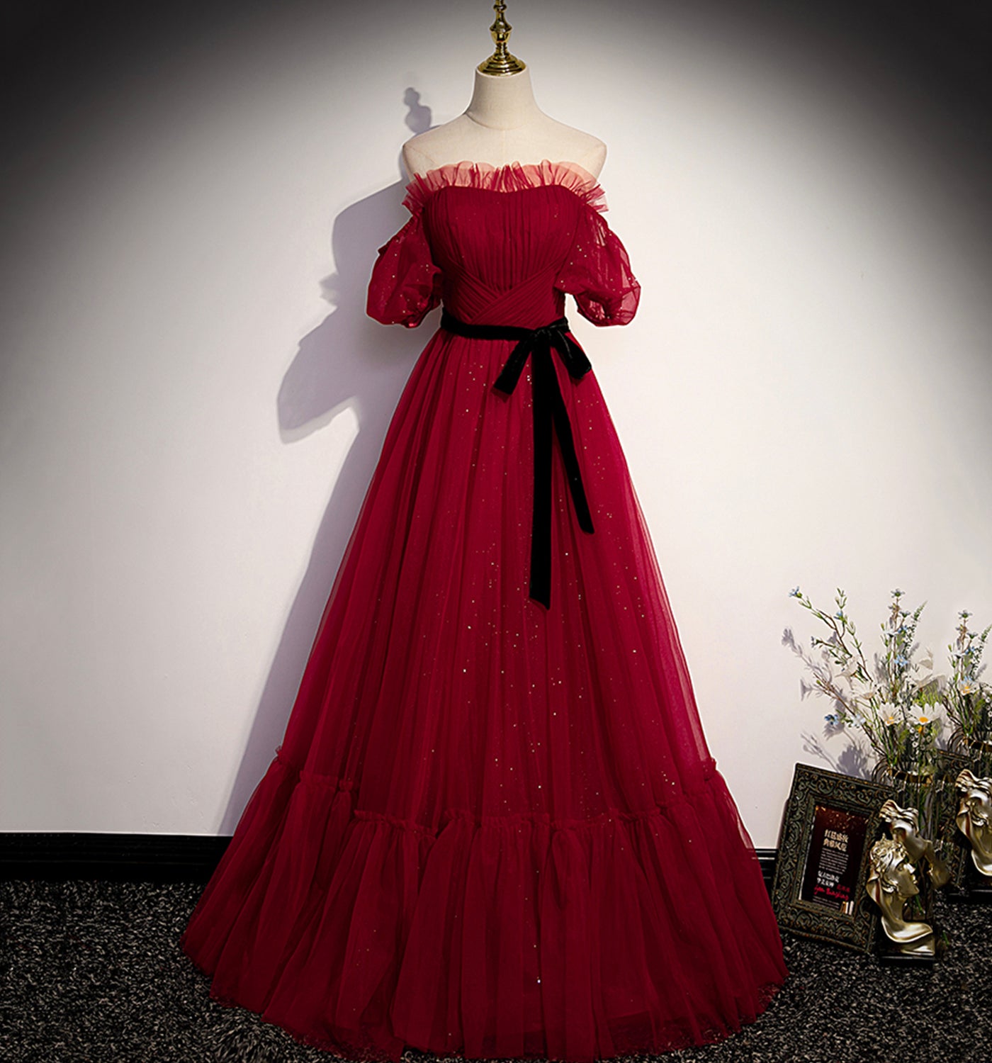 Burgund Tüll langes Ballkleid A-Linie Abendkleid 10009