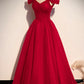 Red tulle long A line prom dress red evening dress  8639
