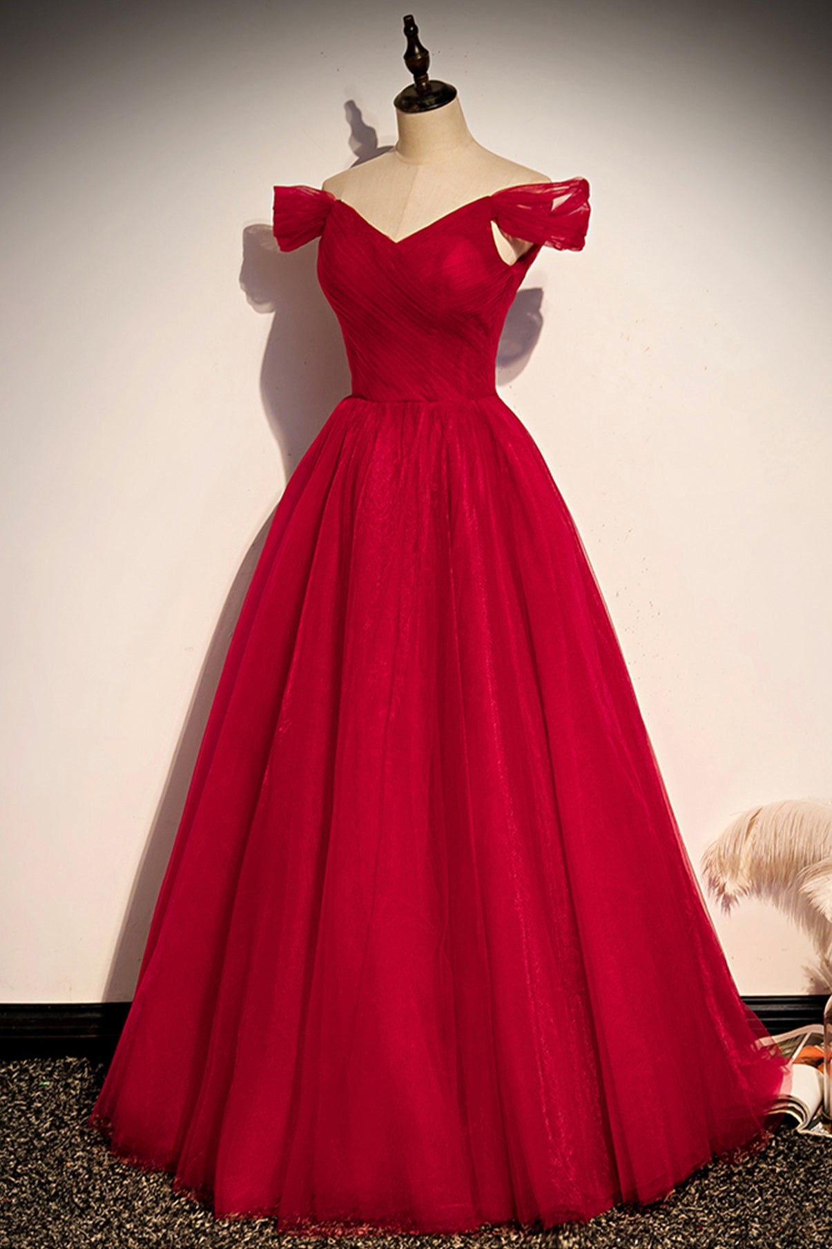 Red tulle long A line prom dress red evening dress  8639