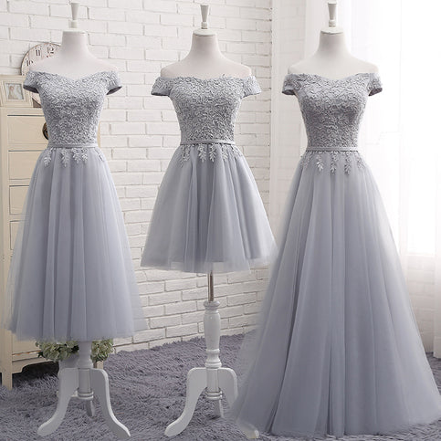 Cute A line gray lace off shoulder prom dress, cheap evening dresses  7792