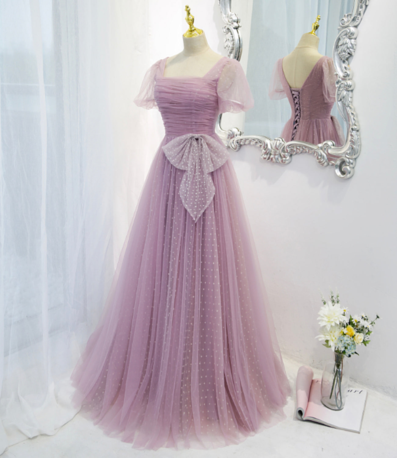 Lila Tüll langes A-Linie Ballkleid Abendkleid 8820