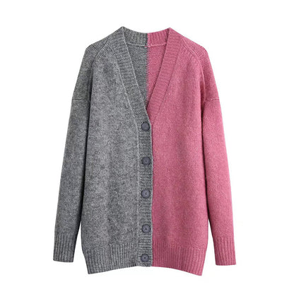 Versatile V-Neck long sleeve contrast stitched knit coat  7731