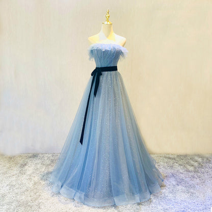 Langes Ballkleid aus blauem Tüll mit Pailletten, blaues Abendkleid 10045