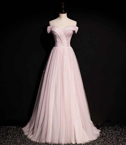 Pink tulle beads long prom dress A line evening dress  8648