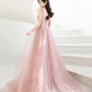 Rosa Tüll langes Ballkleid A-Linie Abendkleid 10421