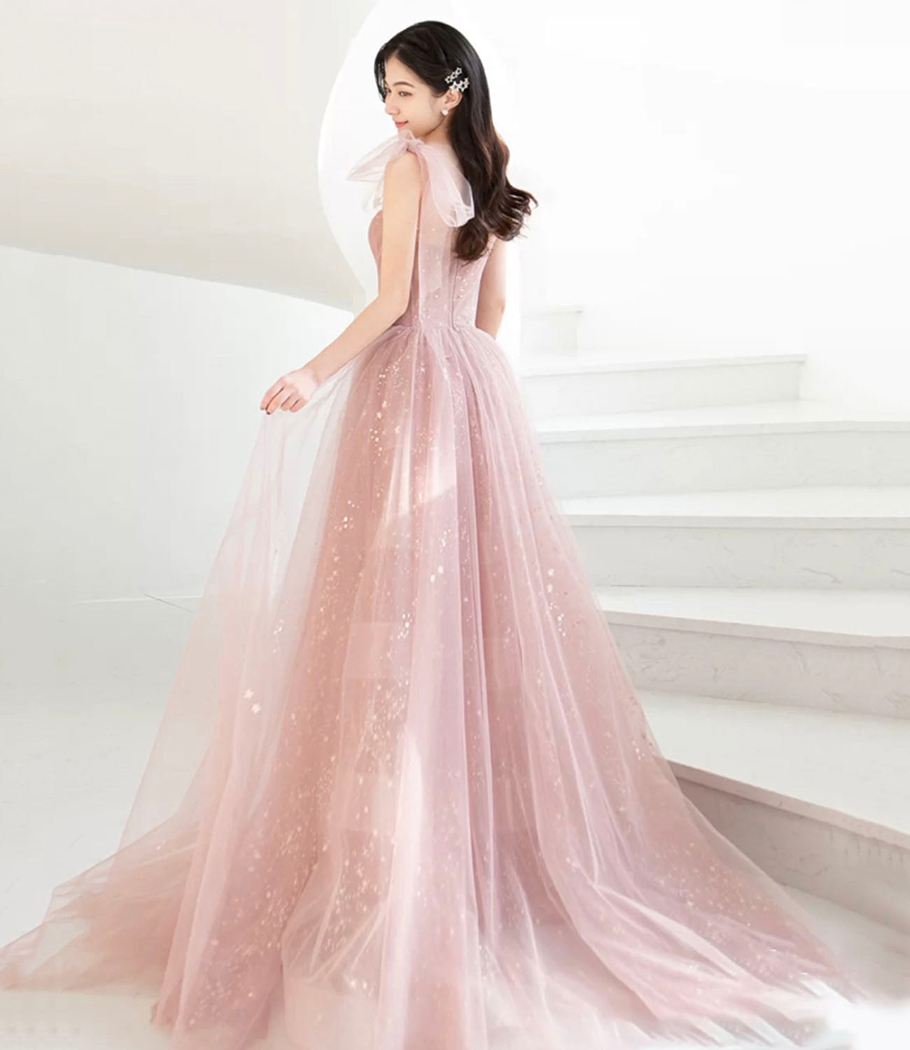 Rosa Tüll langes Ballkleid A-Linie Abendkleid 10421
