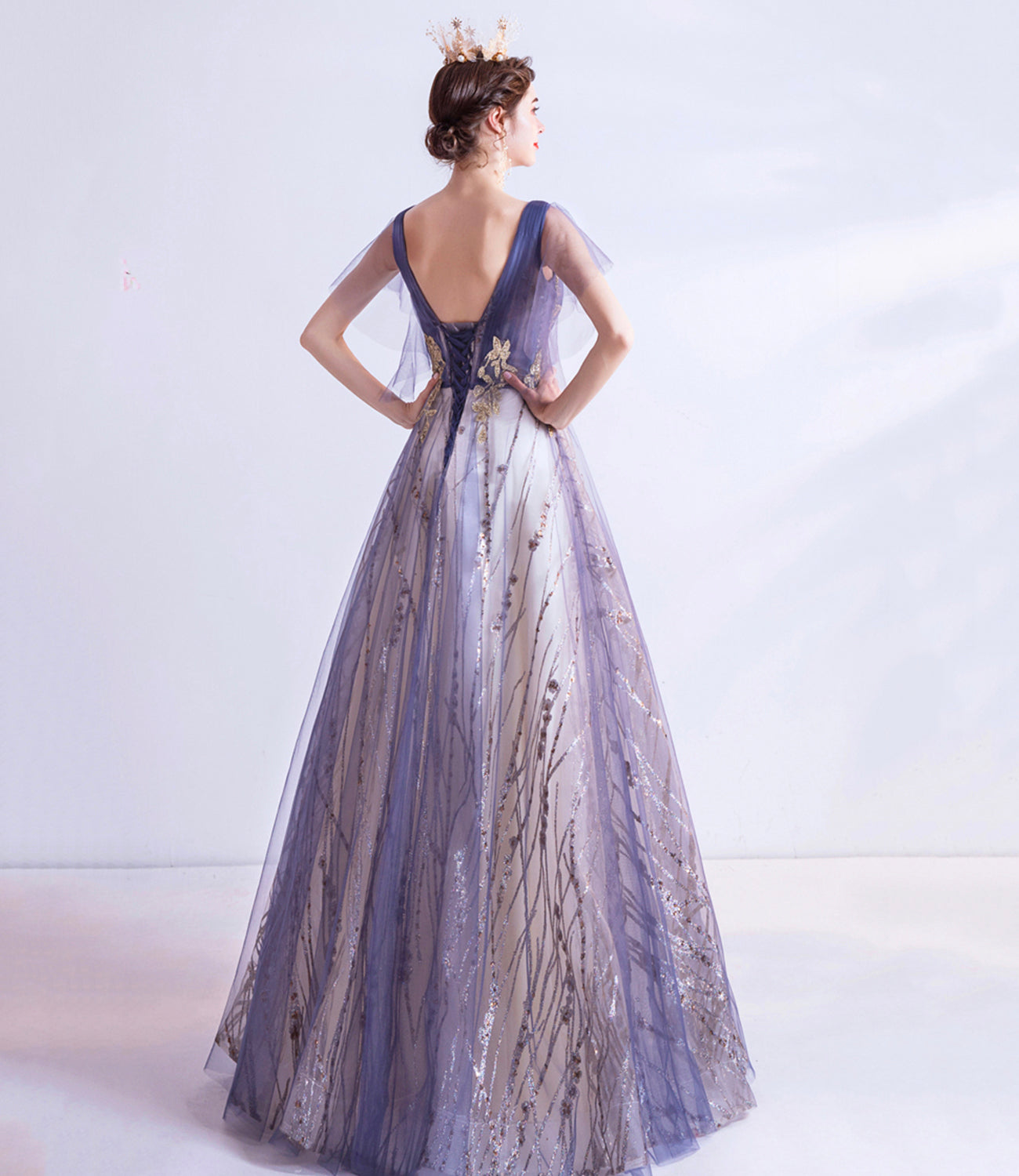 Purple tulle sequins long prom dress A line evening dress  10510