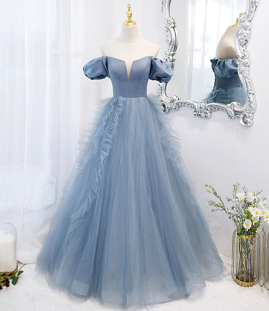 Blue tulle long prom dress blue evening dress  10151