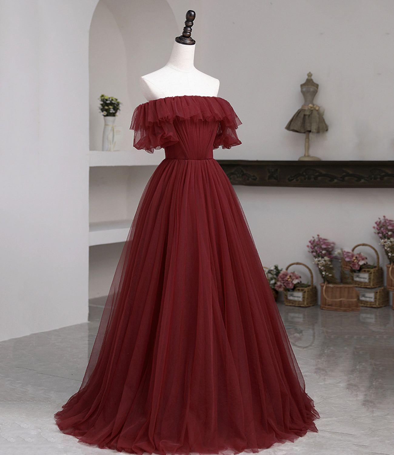 Burgund Tüll langes Ballkleid A-Linie Abendkleid 10503