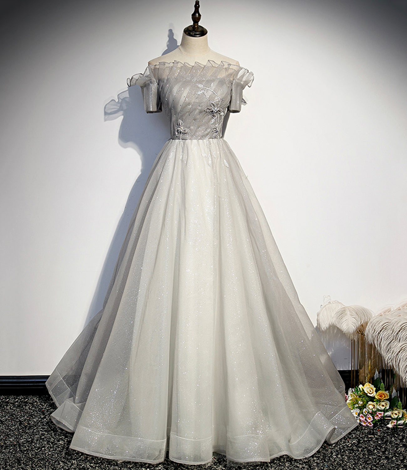 Langes Ballkleid aus silbernem Tüll, formelles Kleid 8598