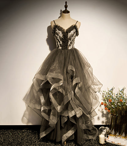 Robe de soirée longue en tulle gris 8824
