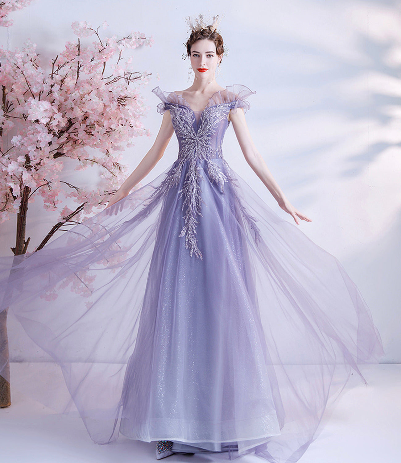 Lila Tüll Pailletten langes Ballkleid A-Linie Abendkleid 10463