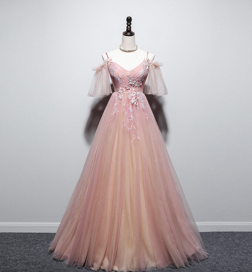 Rosa V-Ausschnitt Tüll langes Ballkleid Abendkleid 8455