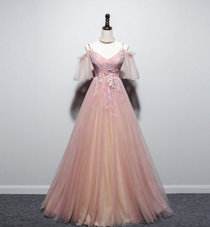 Rosa V-Ausschnitt Tüll langes Ballkleid Abendkleid 8455