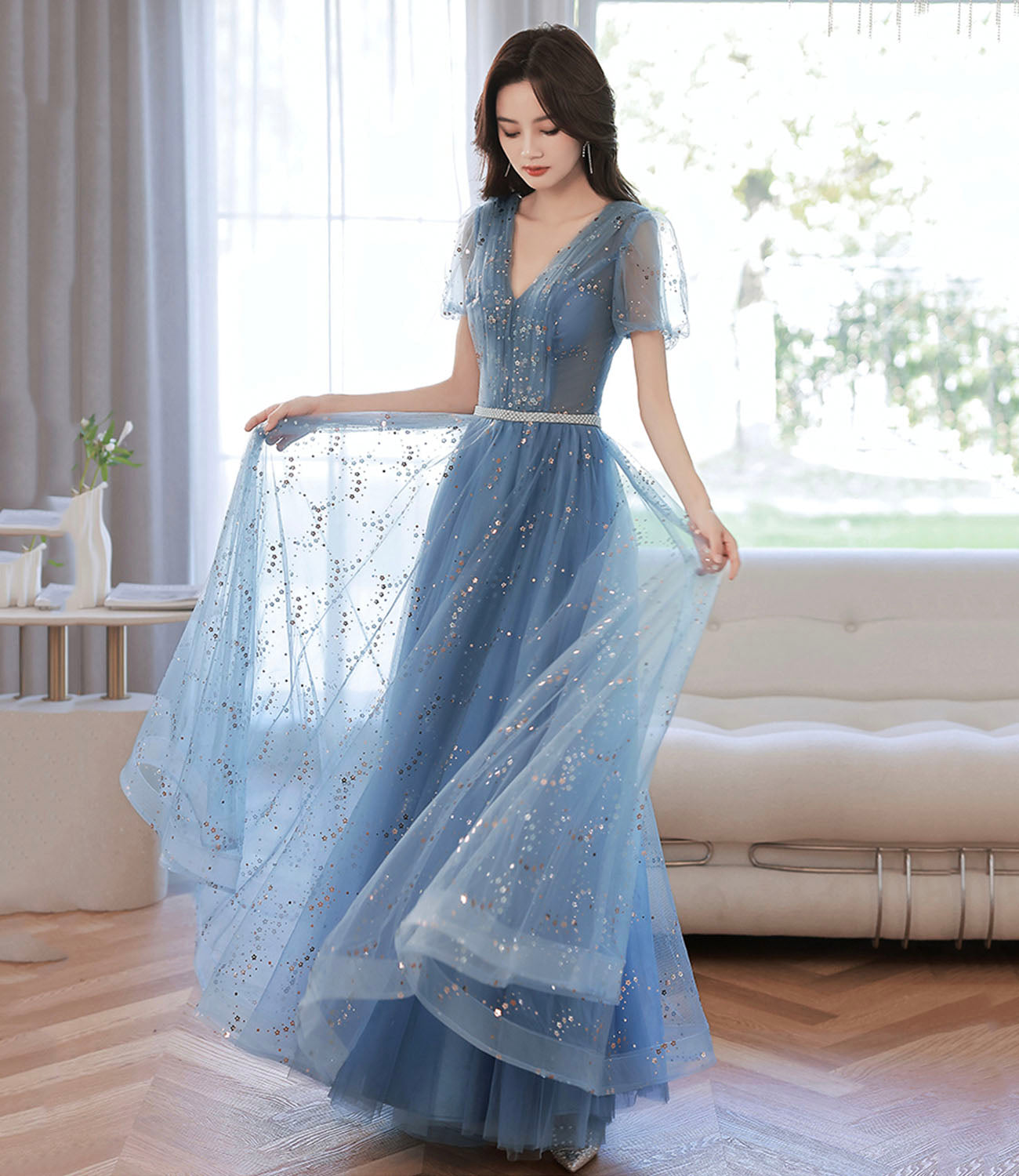 Blue tulle sequins long prom dress blue evening dress  10607