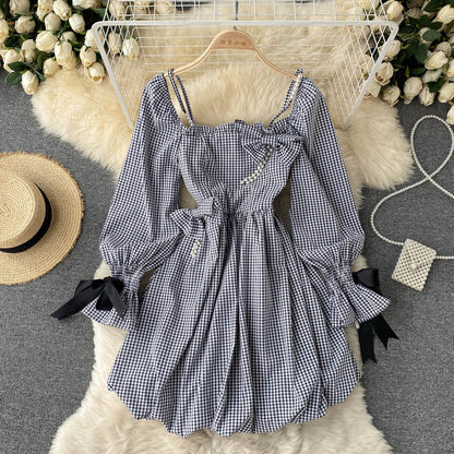 Cute Plaid Long Sleeve Dress Fashion Dress  10907