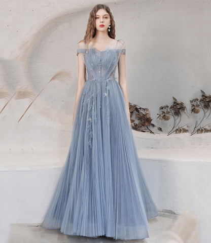 Blue tulle sequins long prom dress blue evening dress  10478