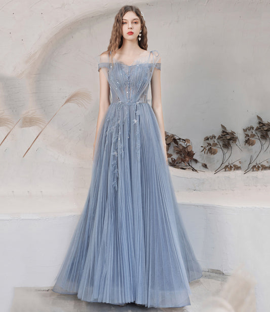 Blue tulle sequins long prom dress blue evening dress  10478