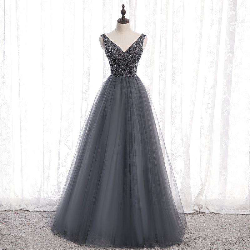 Gray v neck tulle beads long prom dress  8159