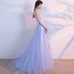 Robe de soirée longue en tulle bleu et dentelle 10211