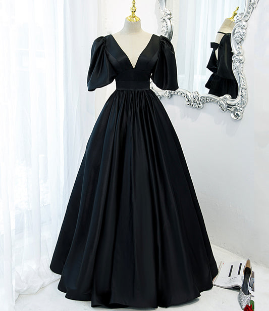 Schwarzes V-Ausschnitt Satin langes A-Linie Ballkleid Abendkleid 8846