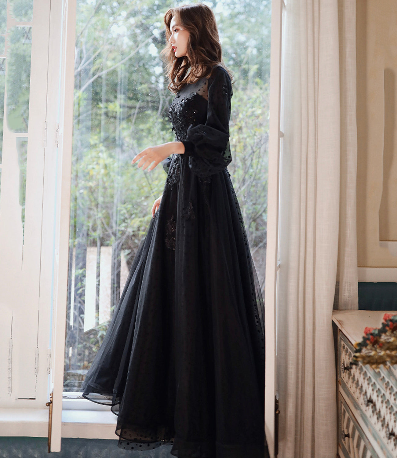 Schwarzes langes Ballkleid aus Tüllspitze A-Linie Abendkleid 10460