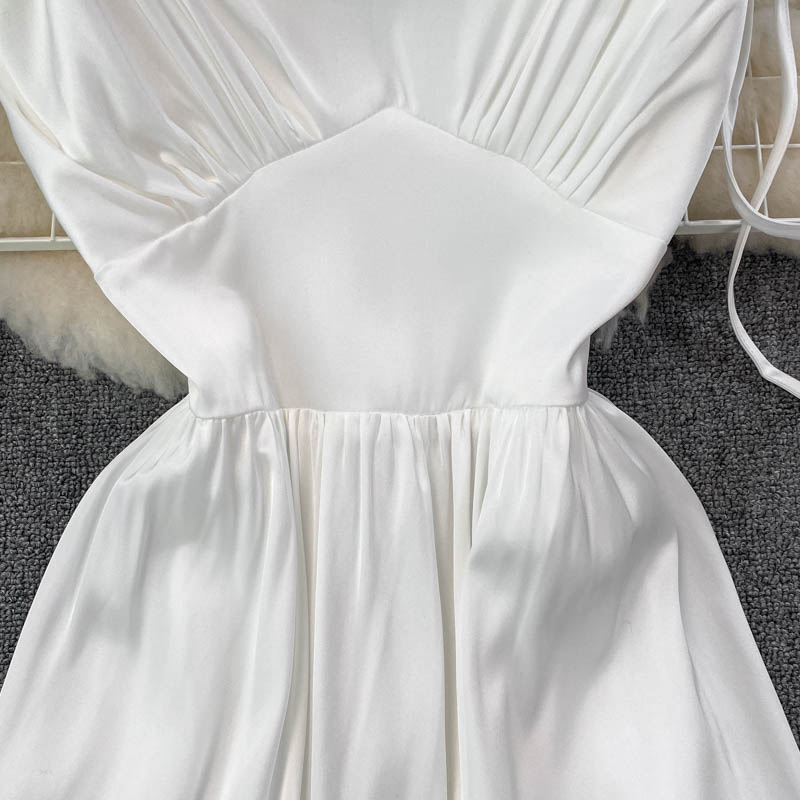 Simple V Neck Short White Dress Fashion Girls Dress  10802