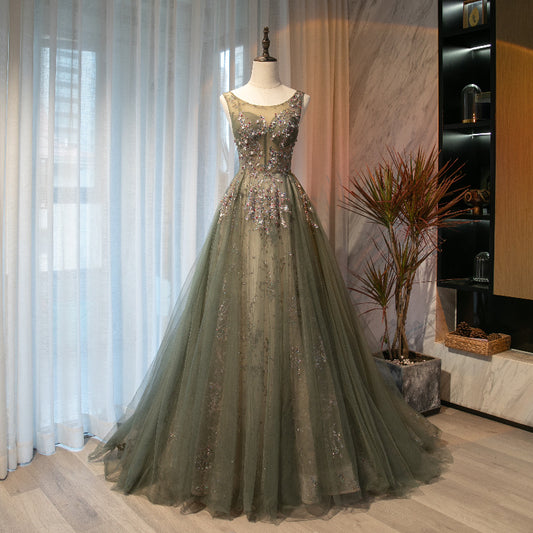 Cute tulle sequins long A line prom dress evening dress  8696