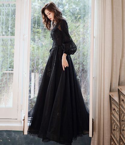Schwarzes langes Ballkleid aus Tüllspitze A-Linie Abendkleid 10460
