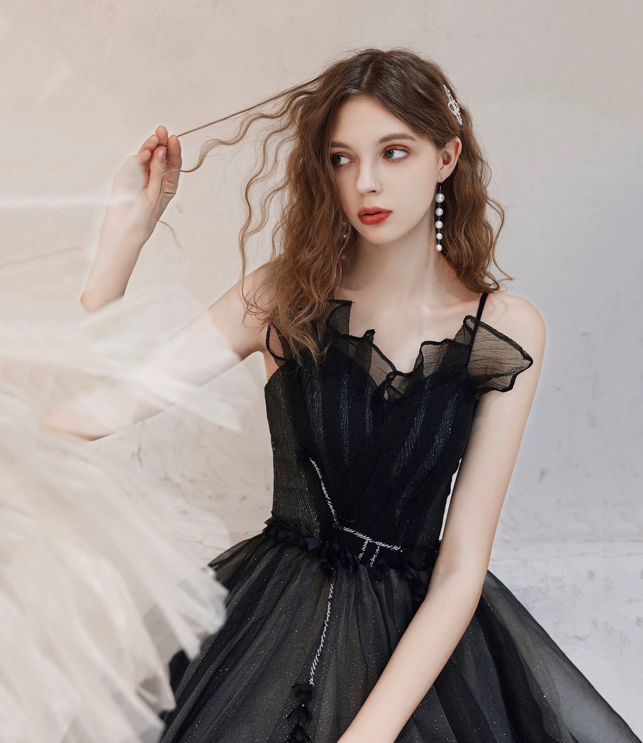 Robe de soirée longue en tulle noir Robe de soirée trapèze 10416