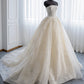 Robe de soirée longue en tulle et dentelle champagne 10367