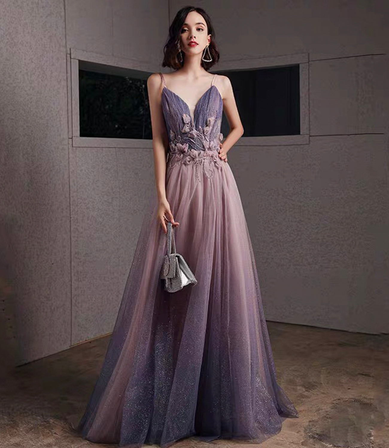 Lila Tüll Pailletten langes Ballkleid A-Linie Abendkleid 10480