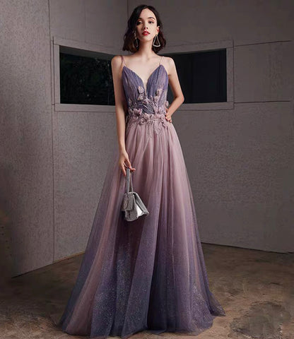 Lila Tüll Pailletten langes Ballkleid A-Linie Abendkleid 10480