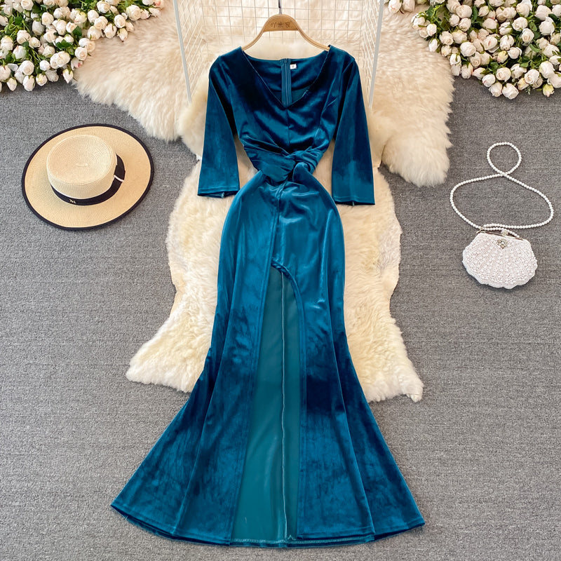 Robe longue en velours à col en V élégante Fahsion Dress 10938