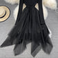 Schwarzes unregelmäßiges langärmliges schulterfreies Kleid Modekleid 10872