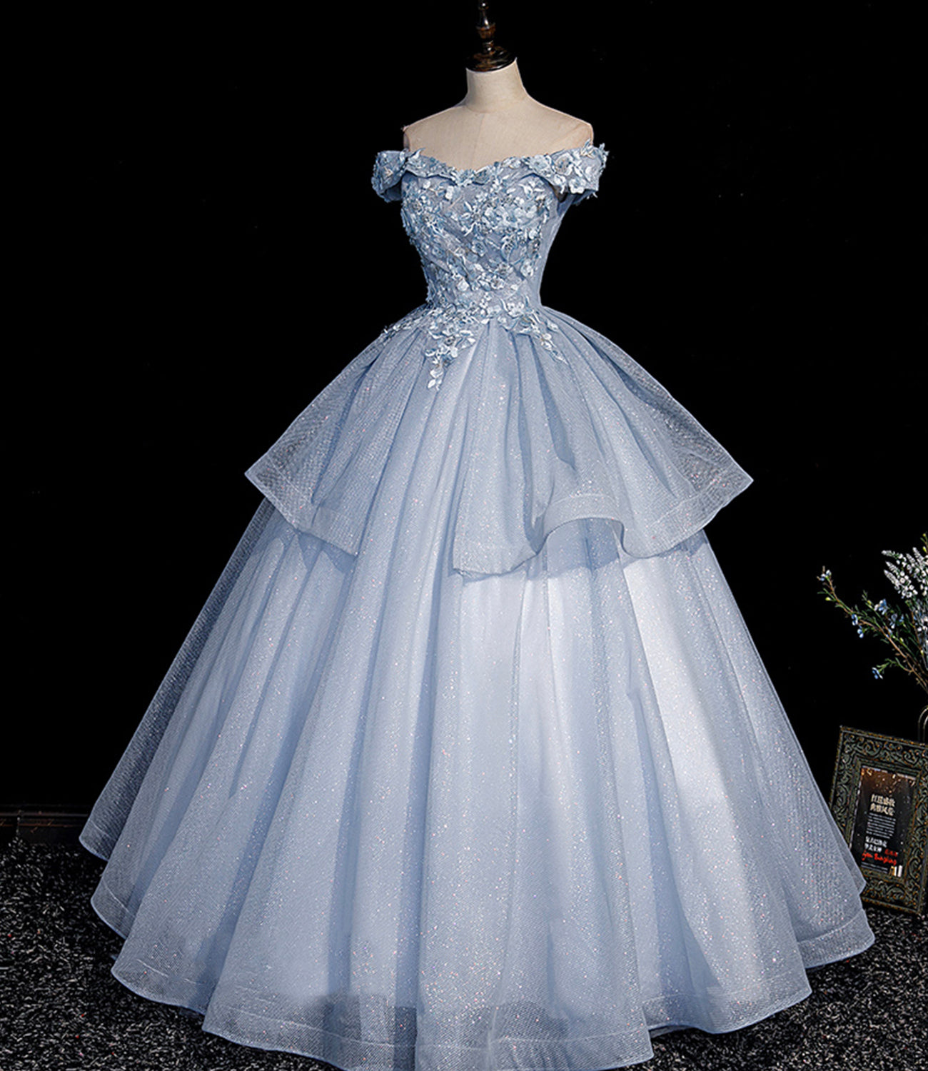 Blaues Tüll-Spitzen-Ballkleid-Kleid, lang, formelle Kleider 10475